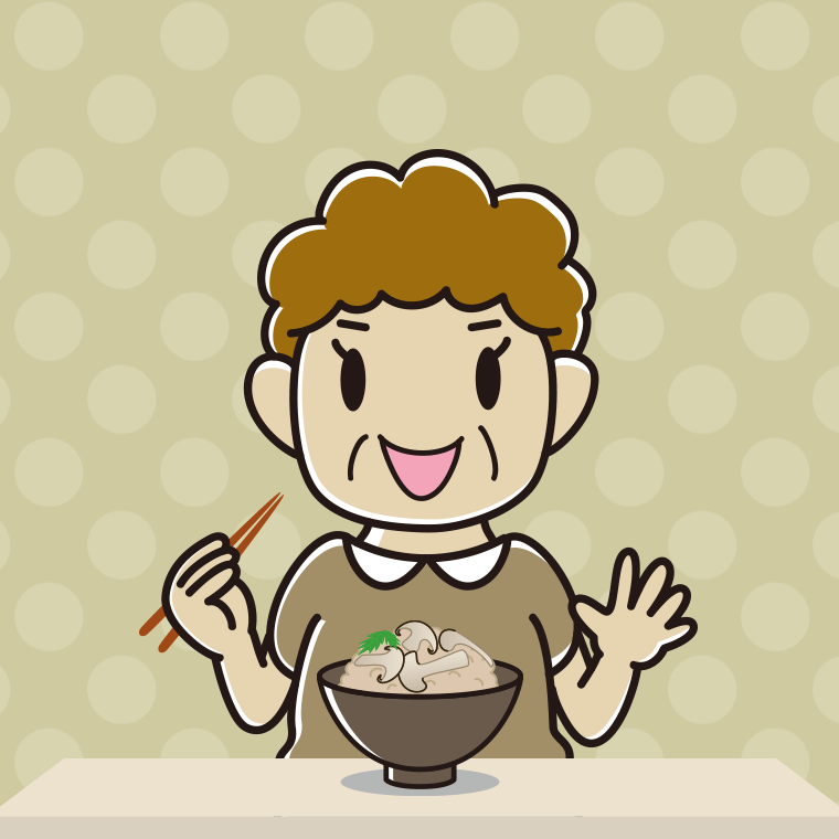 松茸ごはんを食べるおばさんのイラスト【色、背景あり】PNG