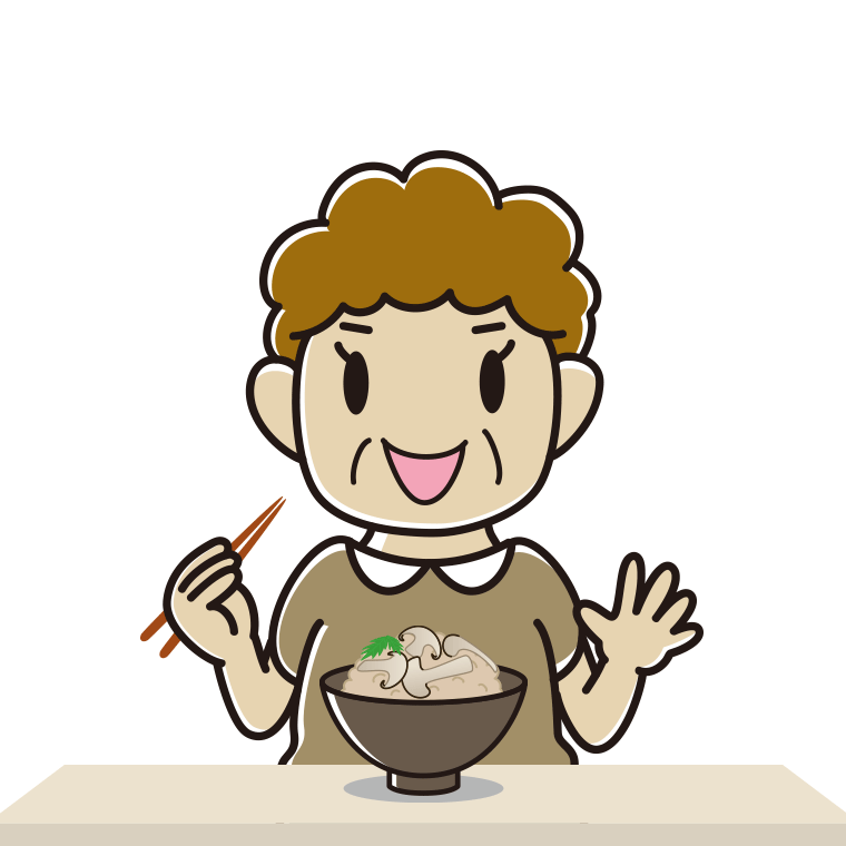 松茸ごはんを食べるおばさんのイラスト【色あり、背景なし】透過PNG