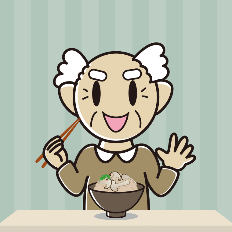 松茸ごはんを食べるおじいさんのイラスト【色、背景あり】PNG