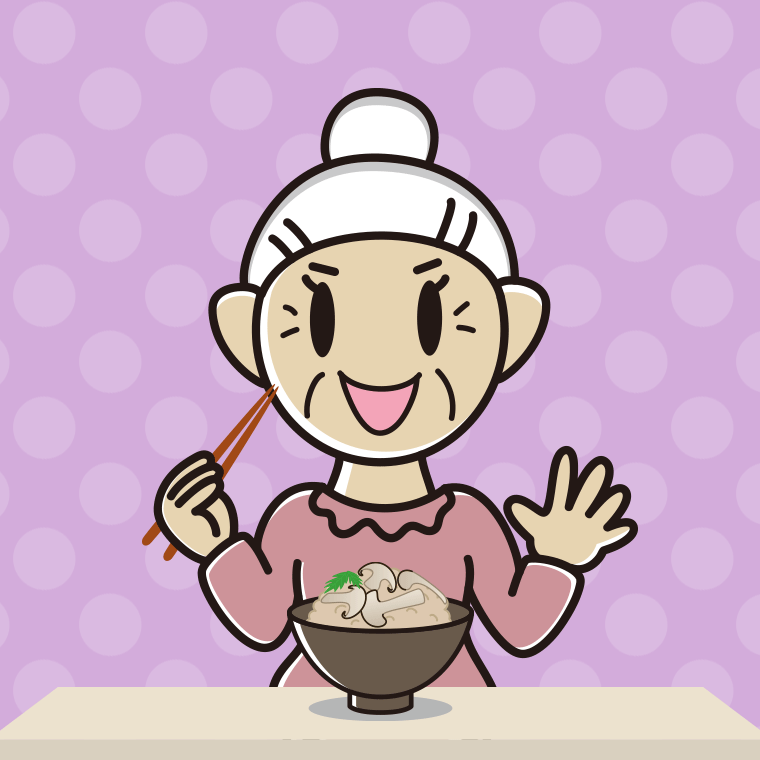 松茸ごはんを食べるおばあさんのイラスト【色、背景あり】PNG