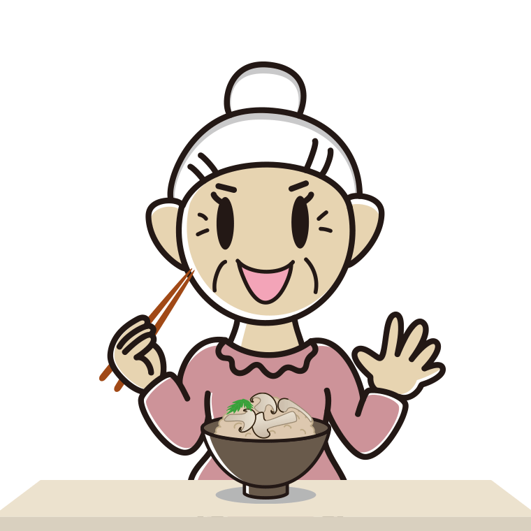 松茸ごはんを食べるおばあさんのイラスト【色あり、背景なし】透過PNG