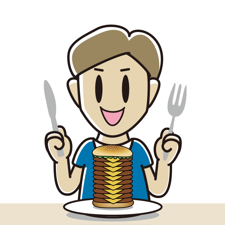 ギガバーガーを食べる男性のイラスト【色あり、背景なし】透過PNG
