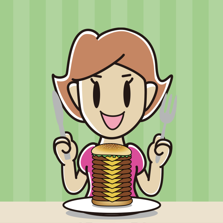 ギガバーガーを食べる女性のイラスト【色、背景あり】PNG