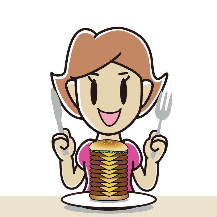 ギガバーガーを食べる女性のイラスト【色あり、背景なし】透過PNG