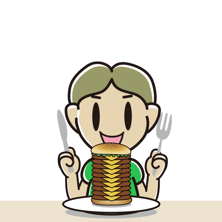 ギガバーガーを食べる小学生男子のイラスト【色あり、背景なし】透過PNG