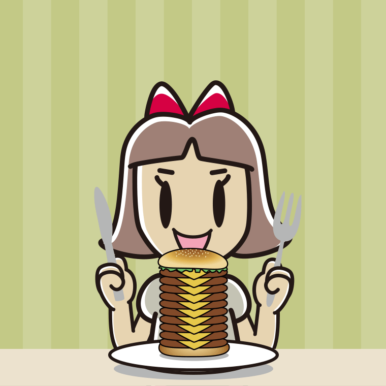 ギガバーガーを食べる小学生女子のイラスト【色、背景あり】PNG