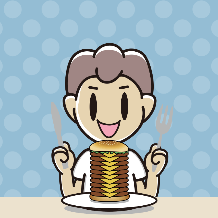 ギガバーガーを食べる男子中学生のイラスト【色、背景あり】PNG