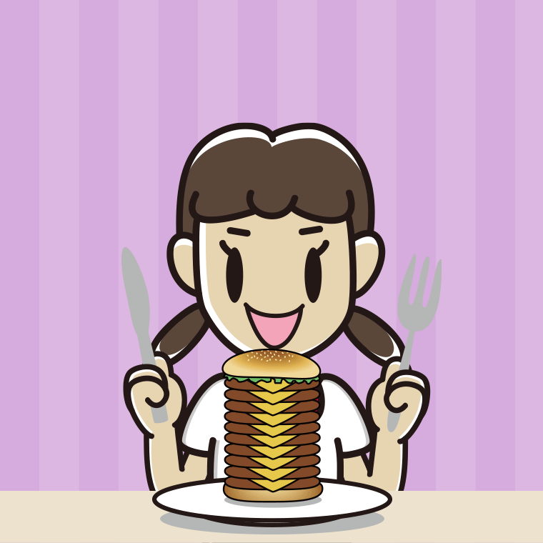 ギガバーガーを食べる女子中学生のイラスト【色、背景あり】PNG