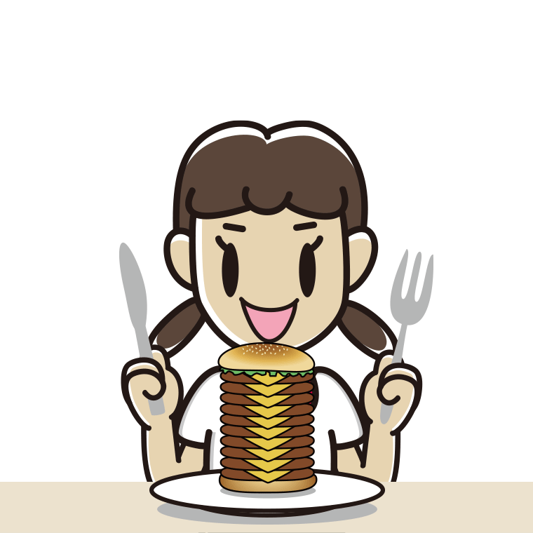 ギガバーガーを食べる女子中学生のイラスト【色あり、背景なし】透過PNG