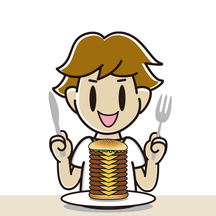 ギガバーガーを食べる男子高校生のイラスト【色あり、背景なし】透過PNG