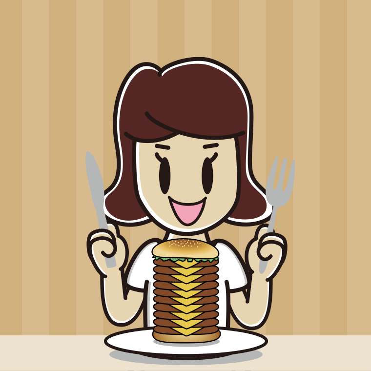 ギガバーガーを食べる女子高校生のイラスト【色、背景あり】PNG
