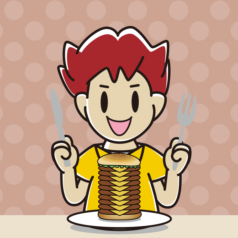 ギガバーガーを食べる男子大学生のイラスト【色、背景あり】PNG