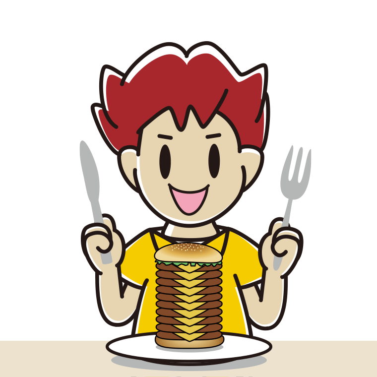 ギガバーガーを食べる男子大学生のイラスト【色あり、背景なし】透過PNG