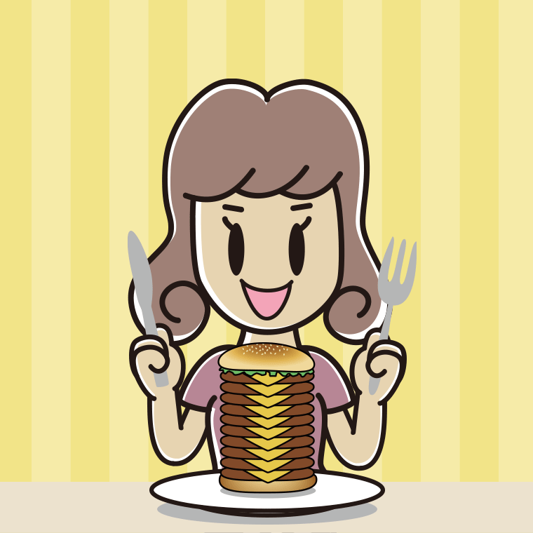 ギガバーガーを食べる女子大学生のイラスト【色、背景あり】PNG