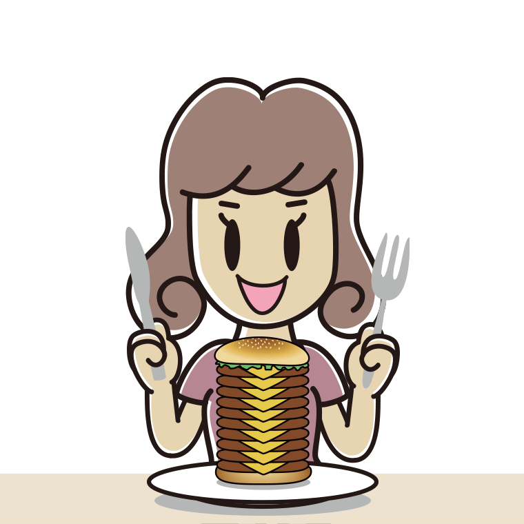 ギガバーガーを食べる女子大学生のイラスト【色あり、背景なし】透過PNG