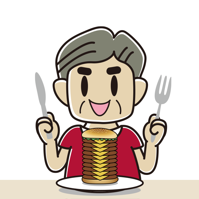 ギガバーガーを食べるおじさんのイラスト【色あり、背景なし】透過PNG