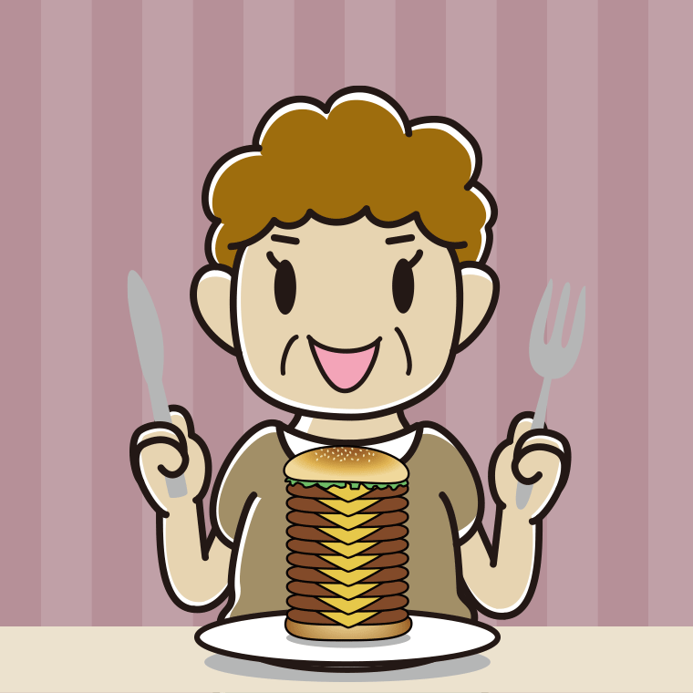 【フリー素材】ギガバーガーを食べるおばさんのイラスト