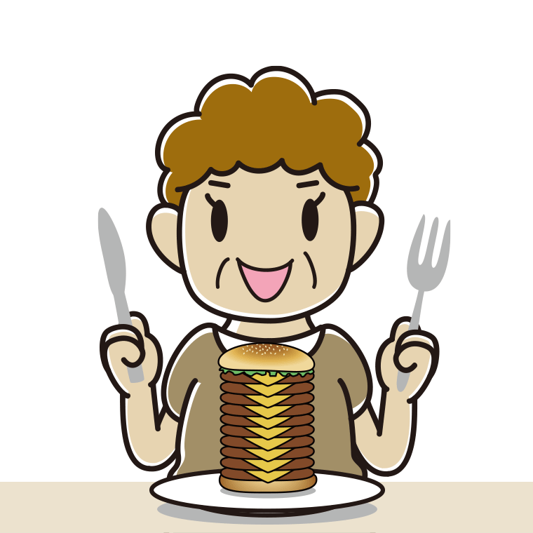 ギガバーガーを食べるおばさんのイラスト【色あり、背景なし】透過PNG