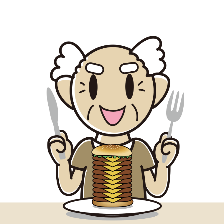 ギガバーガーを食べるおじいさんのイラスト【色あり、背景なし】透過PNG