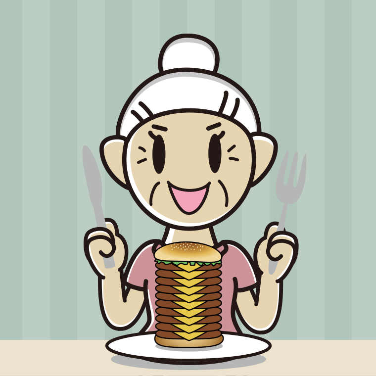 【フリー素材】ギガバーガーを食べるおばあさんのイラスト