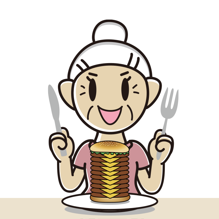 ギガバーガーを食べるおばあさんのイラスト【色あり、背景なし】透過PNG