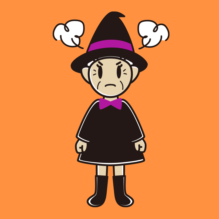 怒るハロウィンのコスプレ姿のおばあさんのイラスト【色、背景あり】PNG