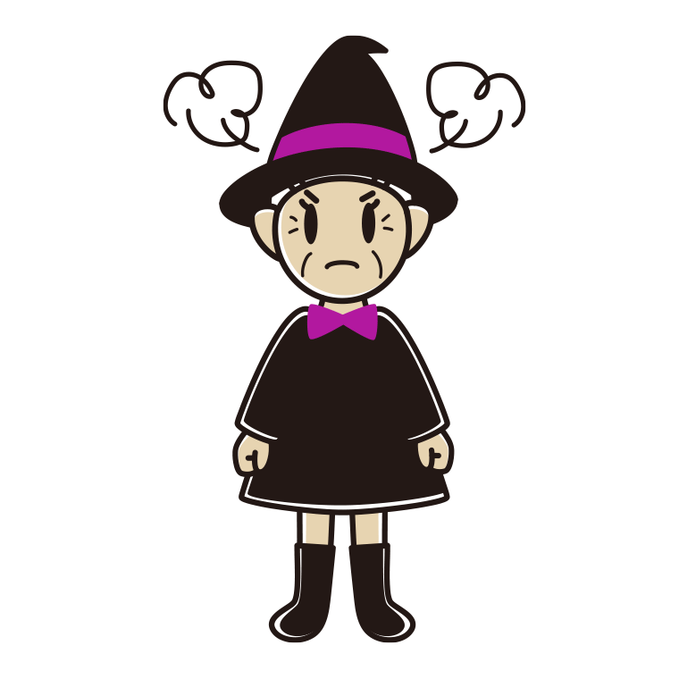 怒るハロウィンのコスプレ姿のおばあさんのイラスト【色あり、背景なし】透過PNG