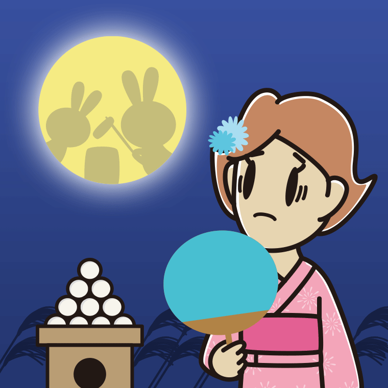 お月見で困る女性のイラスト【色、背景あり】PNG