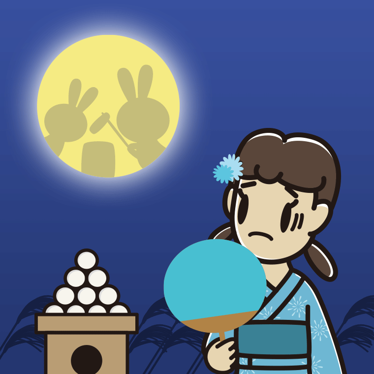 お月見で困る女子中学生のイラスト【色、背景あり】PNG
