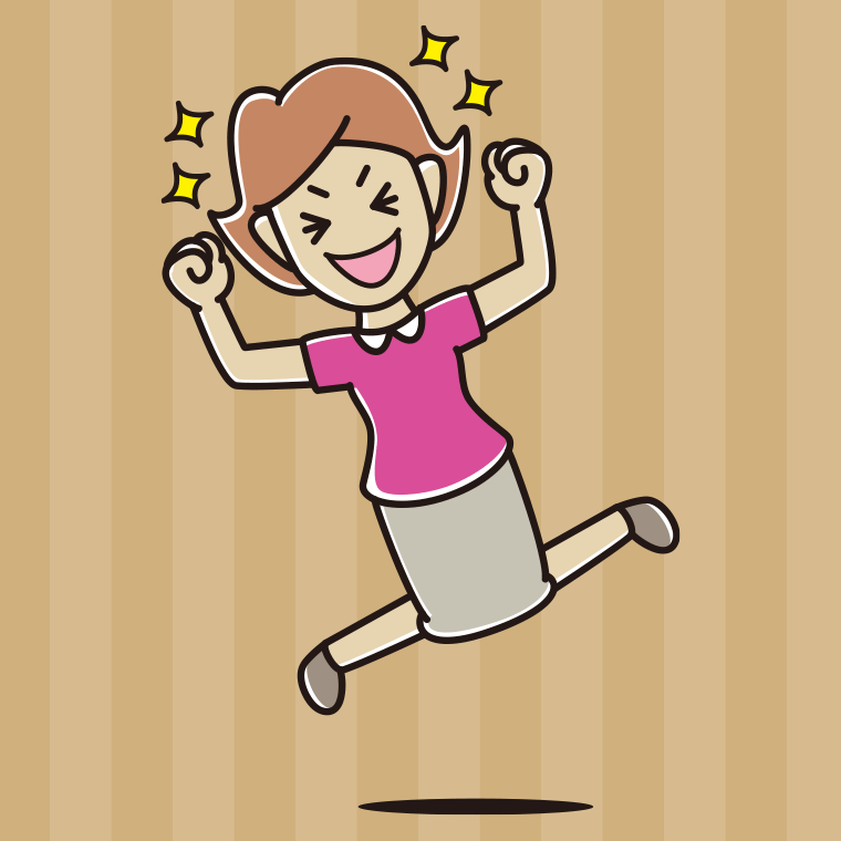 飛び上がって大喜びする女性のイラスト【色、背景あり】PNG
