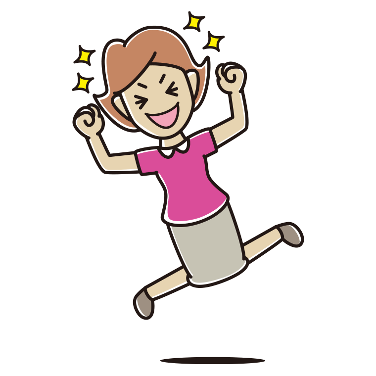 飛び上がって大喜びする女性のイラスト【色あり、背景なし】透過PNG