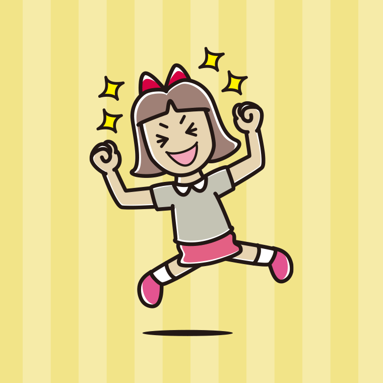 飛び上がって大喜びする小学生女子のイラスト【色、背景あり】PNG