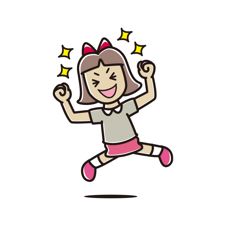 飛び上がって大喜びする小学生女子のイラスト【色あり、背景なし】透過PNG