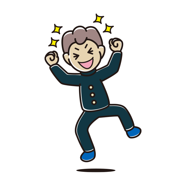 飛び上がって大喜びする男子中学生のイラスト【色あり、背景なし】透過PNG