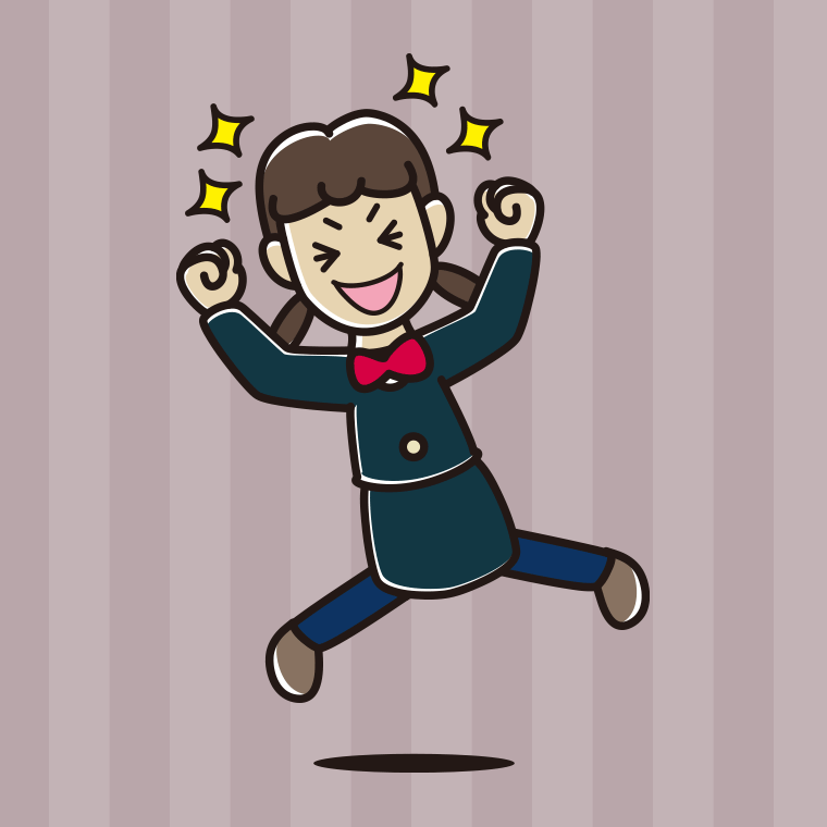 飛び上がって大喜びする女子中学生のイラスト【色、背景あり】PNG