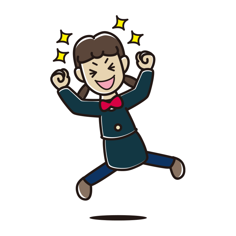 飛び上がって大喜びする女子中学生のイラスト【色あり、背景なし】透過PNG