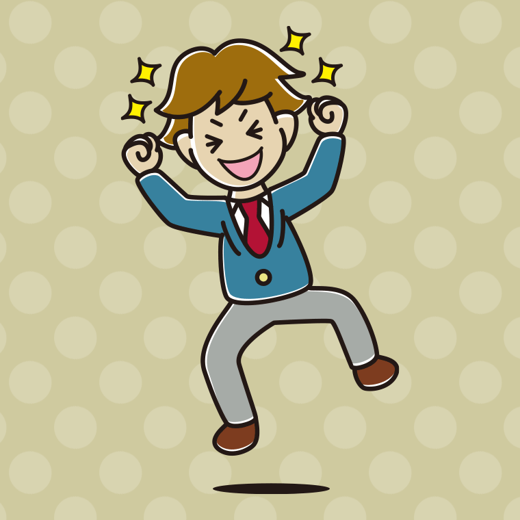 飛び上がって大喜びする男子高校生のイラスト【色、背景あり】PNG
