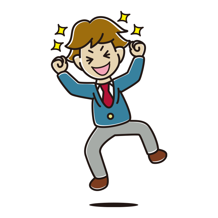飛び上がって大喜びする男子高校生のイラスト【色あり、背景なし】透過PNG