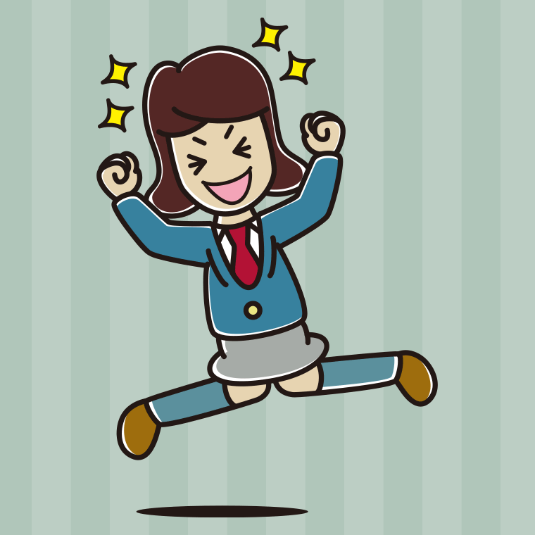 飛び上がって大喜びする女子高校生のイラスト【色、背景あり】PNG