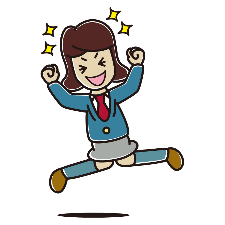 飛び上がって大喜びする女子高校生のイラスト【色あり、背景なし】透過PNG
