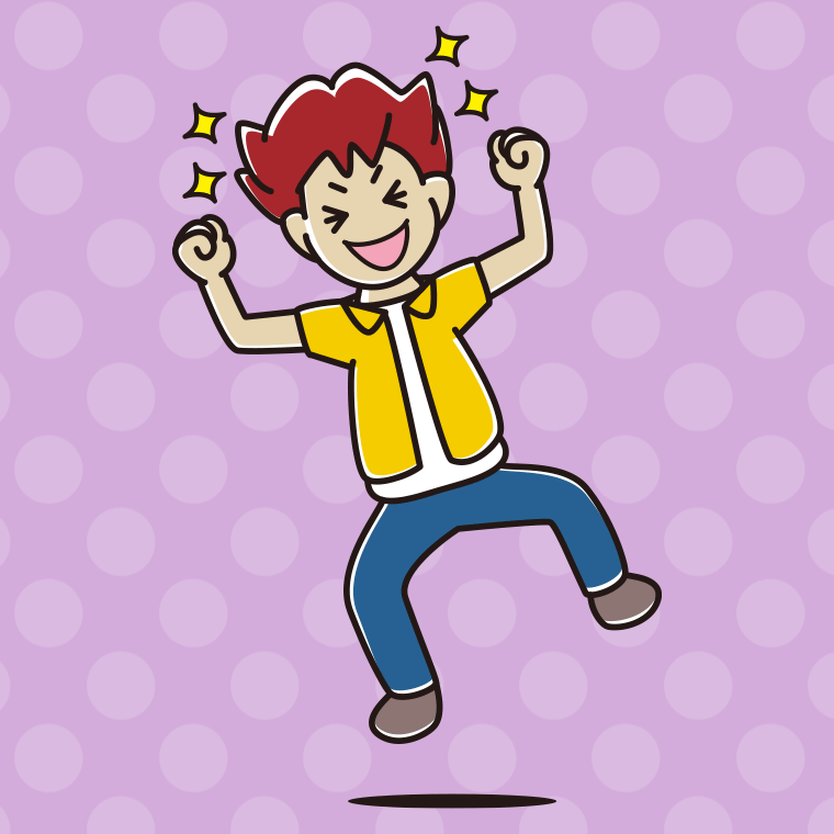 飛び上がって大喜びする男子大学生のイラスト【色、背景あり】PNG