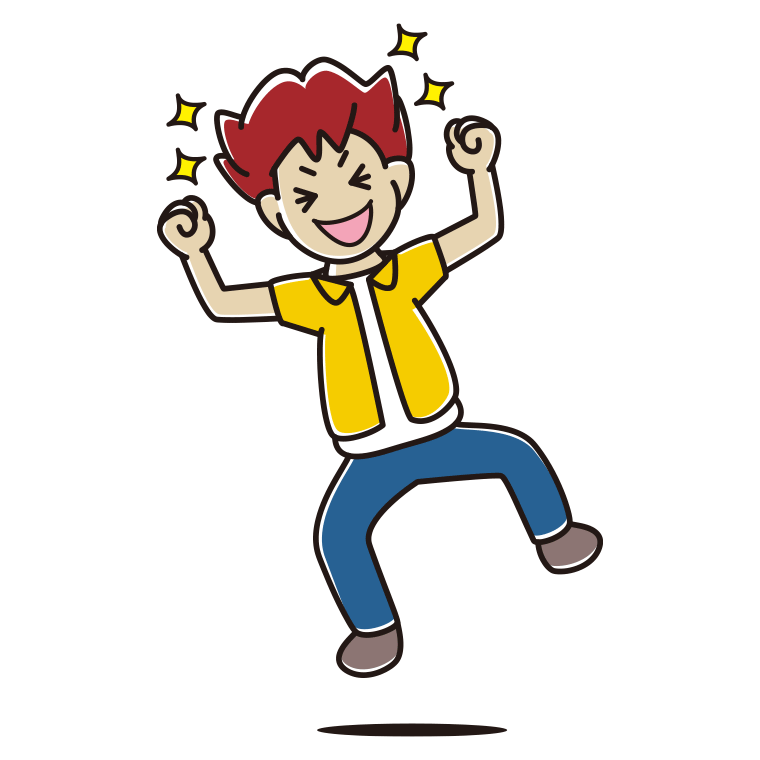 飛び上がって大喜びする男子大学生のイラスト【色あり、背景なし】透過PNG