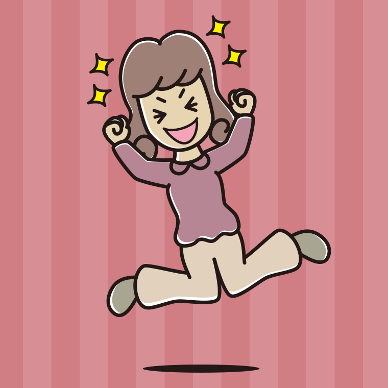 飛び上がって大喜びする女子大学生のイラスト【色、背景あり】PNG