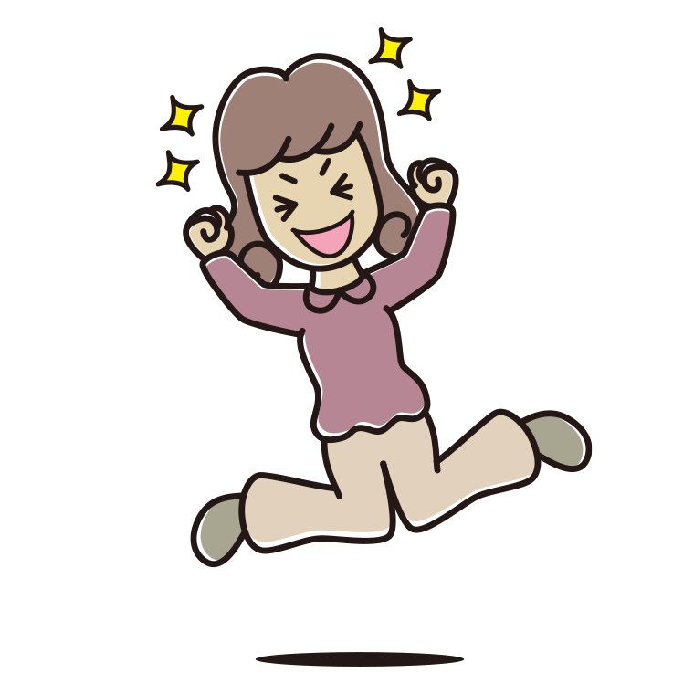 飛び上がって大喜びする女子大学生のイラスト【色あり、背景なし】透過PNG
