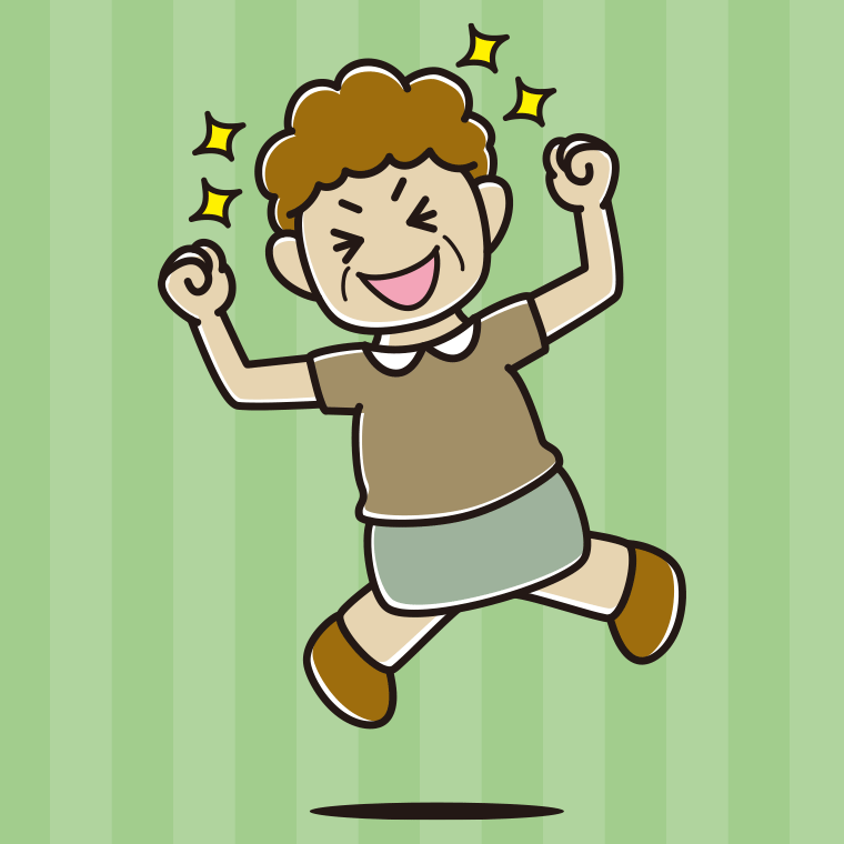 飛び上がって大喜びするおばさんのイラスト【色、背景あり】PNG