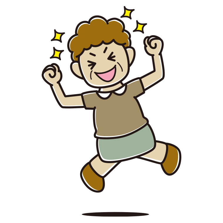 飛び上がって大喜びするおばさんのイラスト【色あり、背景なし】透過PNG