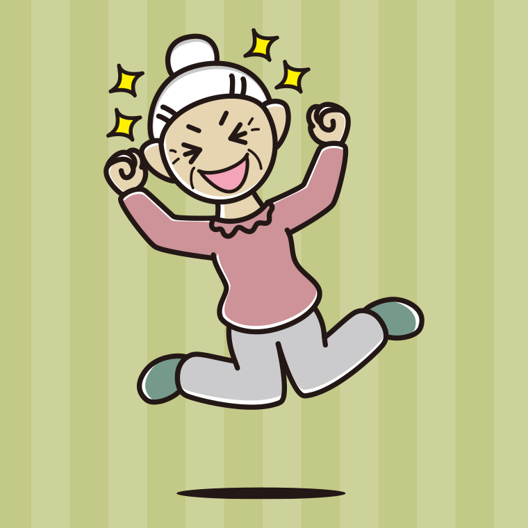 飛び上がって大喜びするおばあさんのイラスト【色、背景あり】PNG