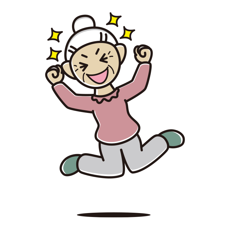 飛び上がって大喜びするおばあさんのイラスト【色あり、背景なし】透過PNG