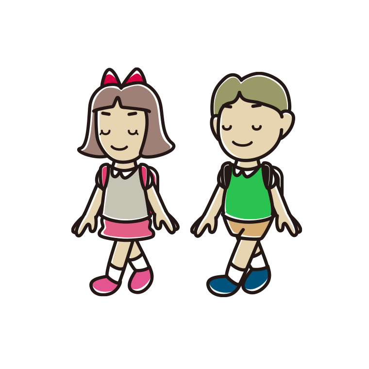 通学中に目を閉じる小学生のイラスト【色あり、背景なし】透過PNG