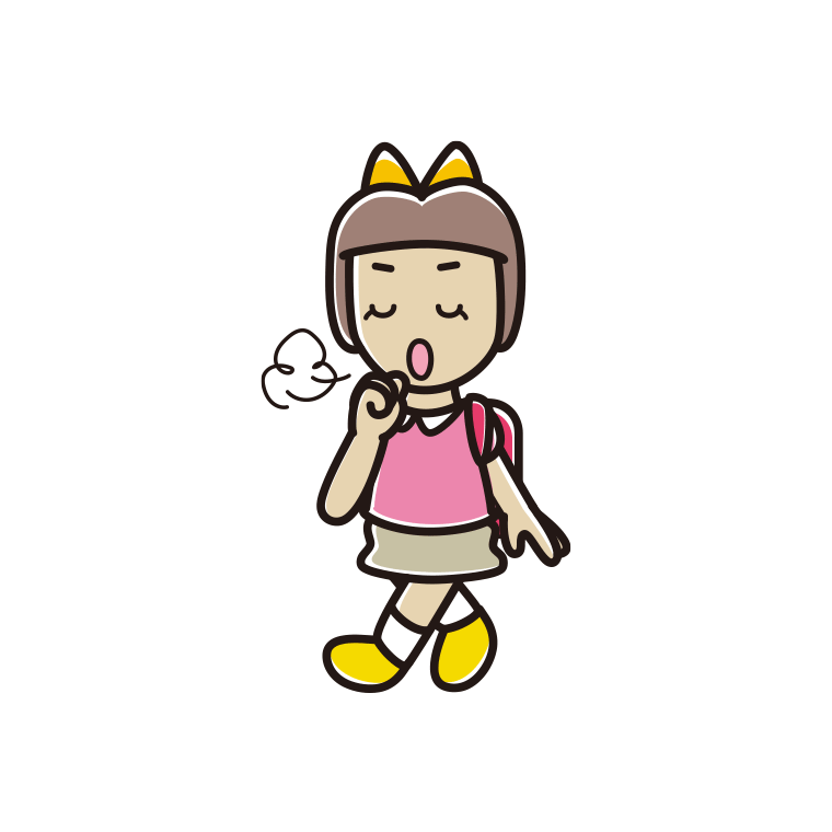 通学中に咳払いする新小学一年生女子のイラスト【色あり、背景なし】透過PNG
